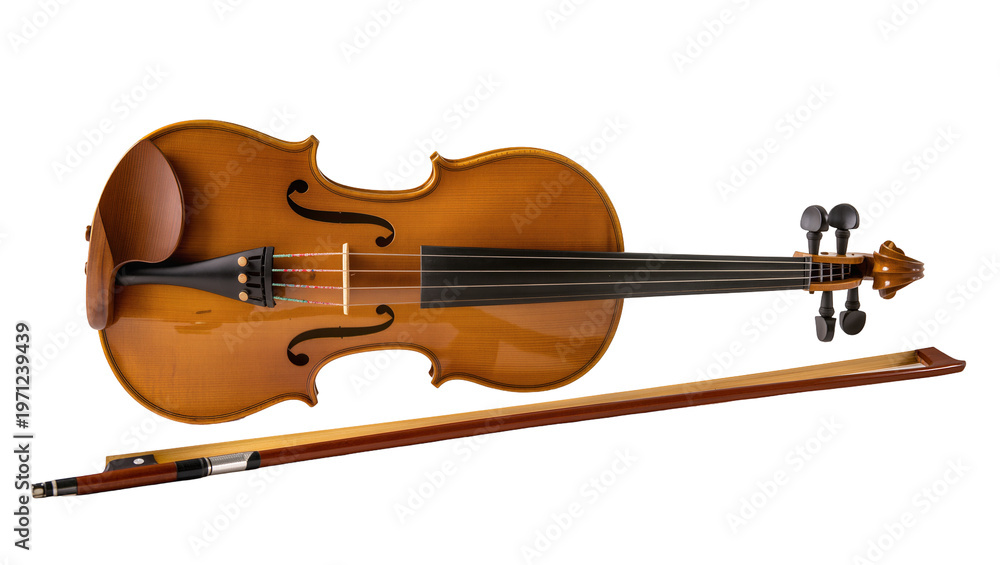 Fototapeta premium Classic varnished violin rests alongside a wooden bow, displaying intricate details