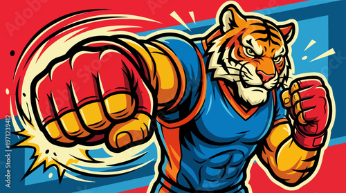 Tiger in boxing gloves fighting.