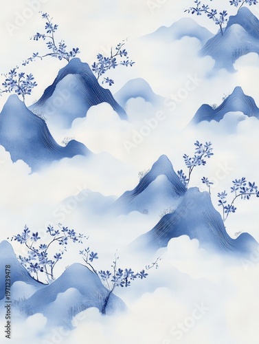 Blue and White Mountain Landscape with Blossoms