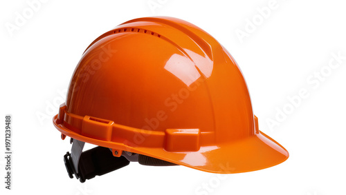 Konstfotografi Bright orange construction helmet, featuring black chin strap and reflective vis