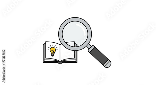 Illustration depicting book and magnifying glass symbolizing the search for knowledge