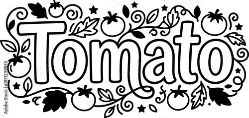 Tomato word with tomato fruits leaves and swirls black and white line art illustration