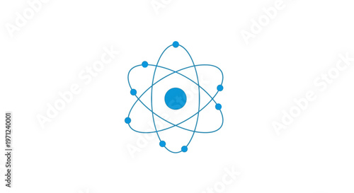 Illustration of an atom model in a clean, minimalist design with a science and technology focus