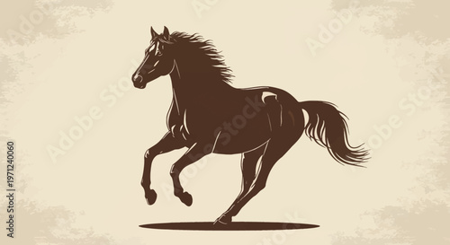 Elegant silhouette illustration of a galloping horse with flowing mane and tail in sepia tone