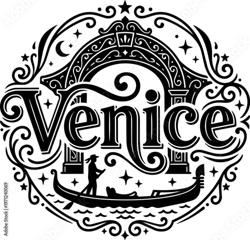 Black and white ornate venice lettering with gondolier and arch vector art