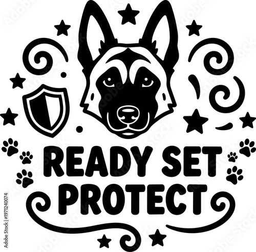 Ready set protect german shepherd dog face with paw prints and shield vector art