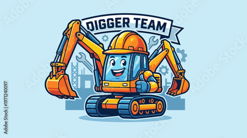 Excavator Cartoon Character Illustration.
