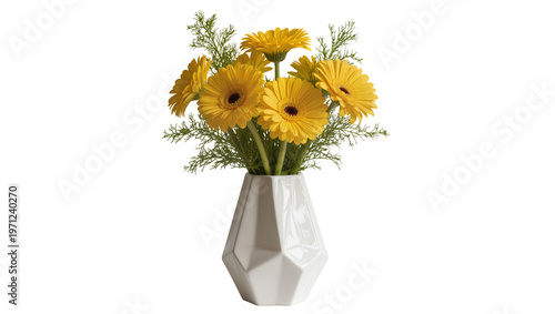 Geometric ceramic vase holding vibrant yellow gerbera daisies, lush green foliage