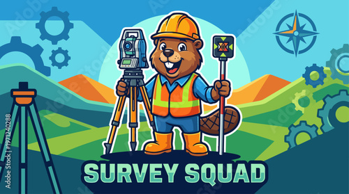 Cartoon Beaver Surveyor Holding Tools.
