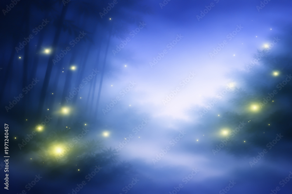 Naklejka premium ホタルの光をイメージした抽象水彩背景 幻想的な夜とやさしい光の余白デザイン