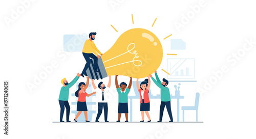 A diverse team of professionals collaboratively lifts a giant glowing lightbulb, symbolizing brilliant ideas, innovation, and successful problem-solving.