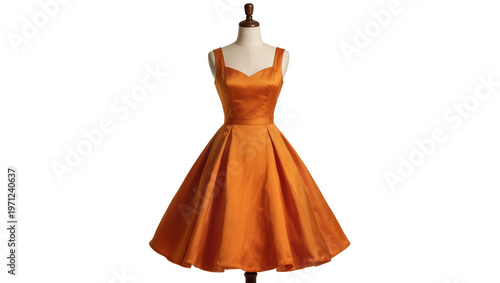 Schilderij op canvas Orange satin fit-and-flare cocktail dress on mannequin
