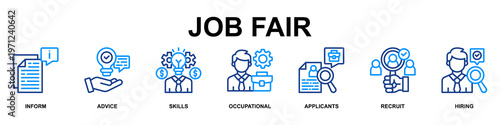 Job Fair Banner Web Line Color Icon Vector Illustration Concept for Business with Icons of Inform, Advice, Skills, Occupational, Applicants, Recruit and Hiring