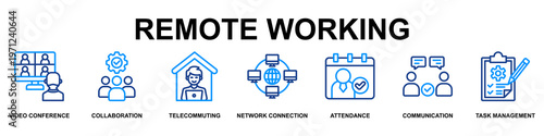 Remote Working Banner Web  Icon Vector Illustration Concept for Business with Icons of Video Conference, Collaboration, Telecommuting, Network Connection, Attendance and Task Management