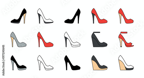 Assortment of Stylish High-Heeled Shoes in Various Colors and Designs Vector Illustration