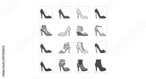 Assortment of Stylish High-Heeled Shoes in Various Designs and Styles, Vector Illustration
