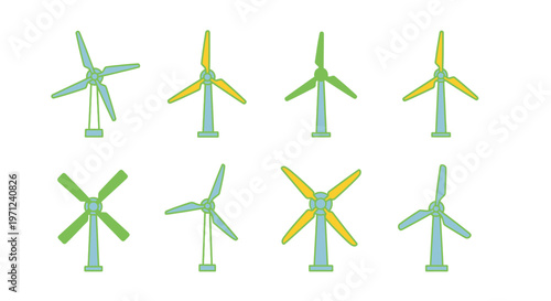 Illustrated depiction of different wind turbines with unique color variations in vector style