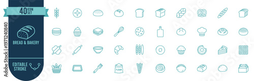 Obraz na płótnie Bread and Bakery Icon Set with 40 Editable Stroke Vector Icons for Baked Goods,