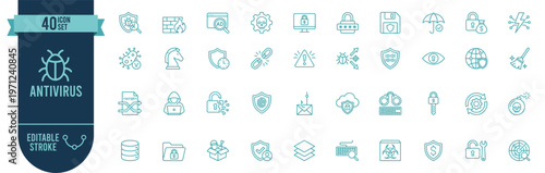 Antivirus and Cybersecurity Icon Set with 40 Editable Stroke Vector Icons for Malware Protection, Data Safety and Network Security