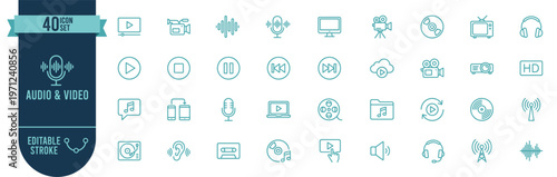 Audio and Video Icon Set with 40 Editable Stroke Vector Icons for Media Player, Music and Multimedia Entertainment