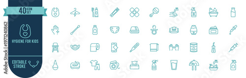 Hygiene for Kids Icon Set with 40 Editable Stroke Vector Icons for Baby Care, Cleanliness and Child Health