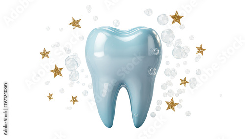 Fotografia Blue glossy tooth with golden stars and shimmering bubbles