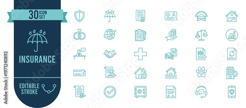 Insurance and Risk Protection Icon Set with 30 Editable Stroke Vector Icons for Health, Life and Property Coverage