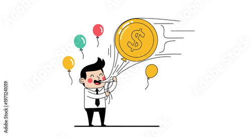 A cheerful businessman joyfully releases a large golden dollar coin balloon, symbolizing financial freedom, investment growth, or perhaps a speculative market trend.
