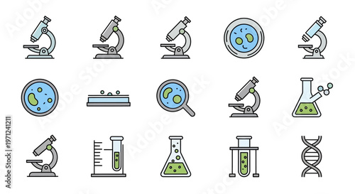 Illustrated scientific icons representing lab equipment and biological research concepts