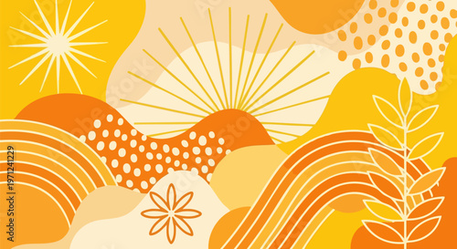 Retro 70s abstract landscape vector, warm orange and yellow sunburst background, groovy organic shapes with botanical leaves and rainbows