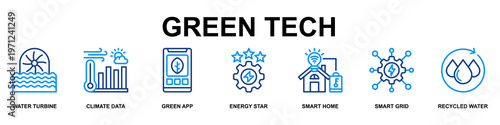 Green Tech Banner Web Line Color Icon Vector Illustration Concept for Business with Icons of Water Turbine ,Climate Data ,Green App ,Energy Star ,Smart Home ,Smart Grid and Recycled Water