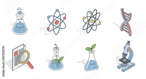 Illustrated scientific tools and elements icons representing research and laboratory equipment