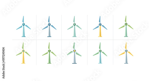 Illustration of diverse wind turbines for sustainable energy in a modern minimalist graphic