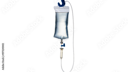 Obraz na płótnie Blue medical IV bag with clear tubing clamp, and drip valve hanging