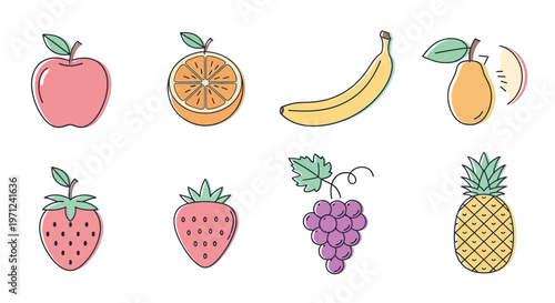 Illustration of various fruits with a cartoon style, perfect for a healthy diet concept