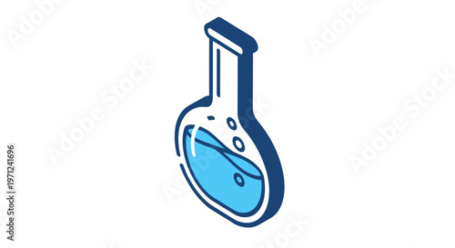 Isometric illustration of a laboratory flask with a blue liquid and bubbles in a white background