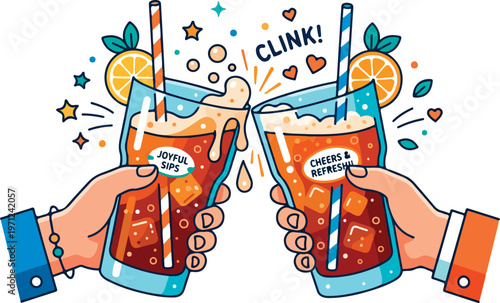 Hands holding glasses of orange soda.