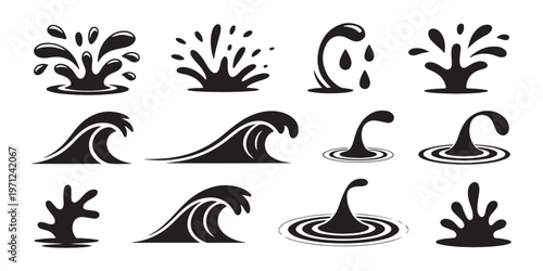 Water splash and liquid ripple collection featuring flat black silhouettes of waves and ocean surf elements.