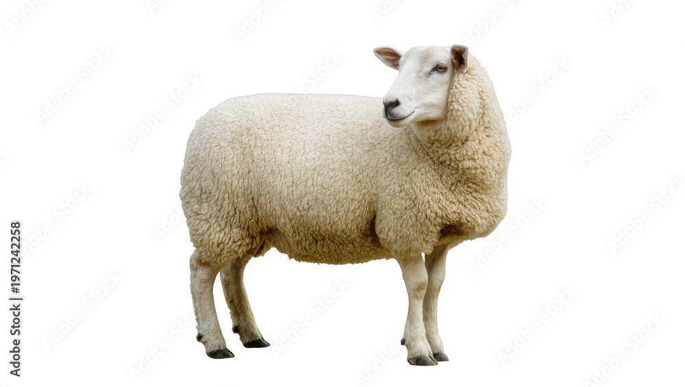 Fototapeta premium Fluffy White Wool Sheep Standing with Legs Visible