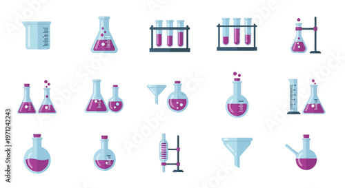 Laboratory equipment and glassware set in a clean, minimalist scientific illustration