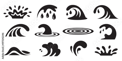 Set of 12 black and white water icons, including waves, splashes, and ripples.