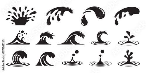Collection of stylized black and white water wave and splash icons on white background.