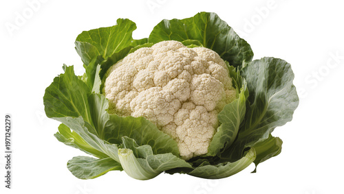 Fresh white cauliflower head with vibrant green leaves