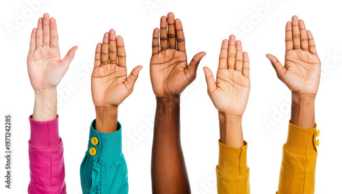 Foto Diverse raised hands with colorful clothing and varying skin tones