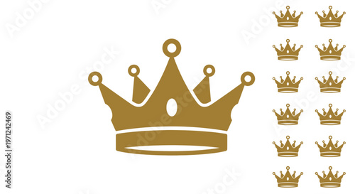 Gold crown designs and patterns isolated on white background, multiple crown vector