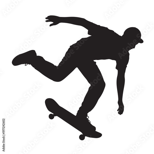 Silhouette of a skateboarder performing a trick mid-air with extreme sport with urban sport