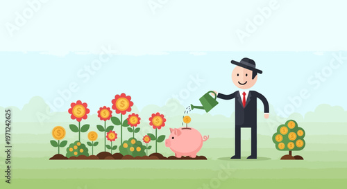 A diligent businessman carefully nurtures his financial investments, symbolizing steady growth and strategic wealth management for future prosperity.