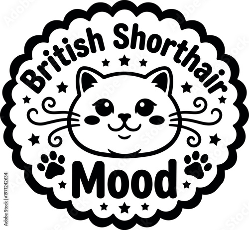 British shorthair cat face with paws and stars mood black and white vector art