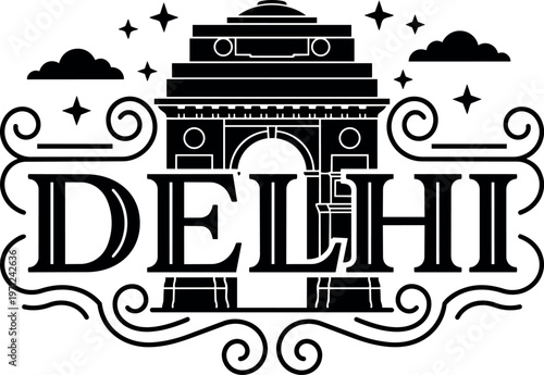 Black and white india gate delhi landmark with ornamental swirls vector art