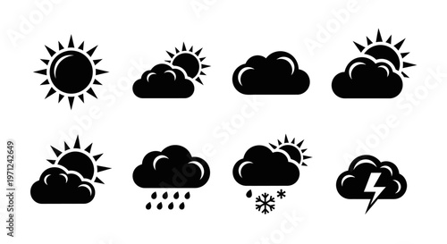 Weather Icons Showing Sunny, Cloudy, Rainy, Snowy, and Stormy Conditions in Black Silhouette